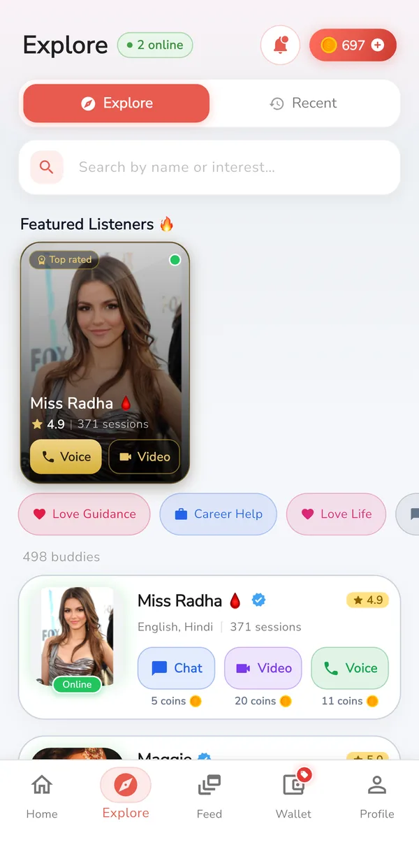 Frenly Explore screen showing featured verified listeners